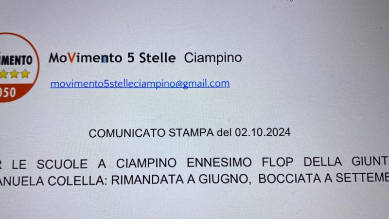 CIAMPINO. COMUNICATO STAMPA DEL 02.10.2024 DEL MOVIMENTO 5 STELLE