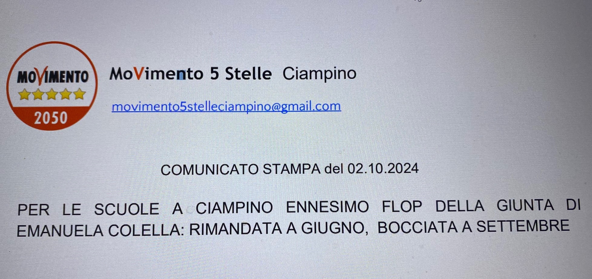 CIAMPINO. COMUNICATO STAMPA DEL 02.10.2024 DEL MOVIMENTO 5 STELLE